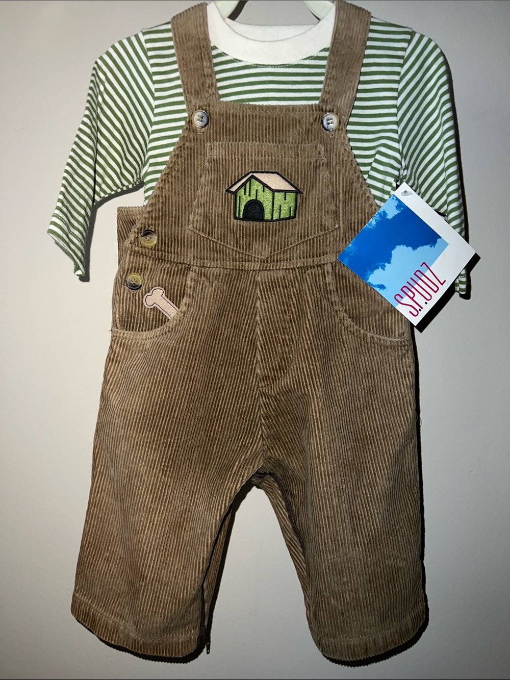 S.P.UDZ Vintage Kids Corduroy Brown Overalls Doghouse Patch and Striped Shirt